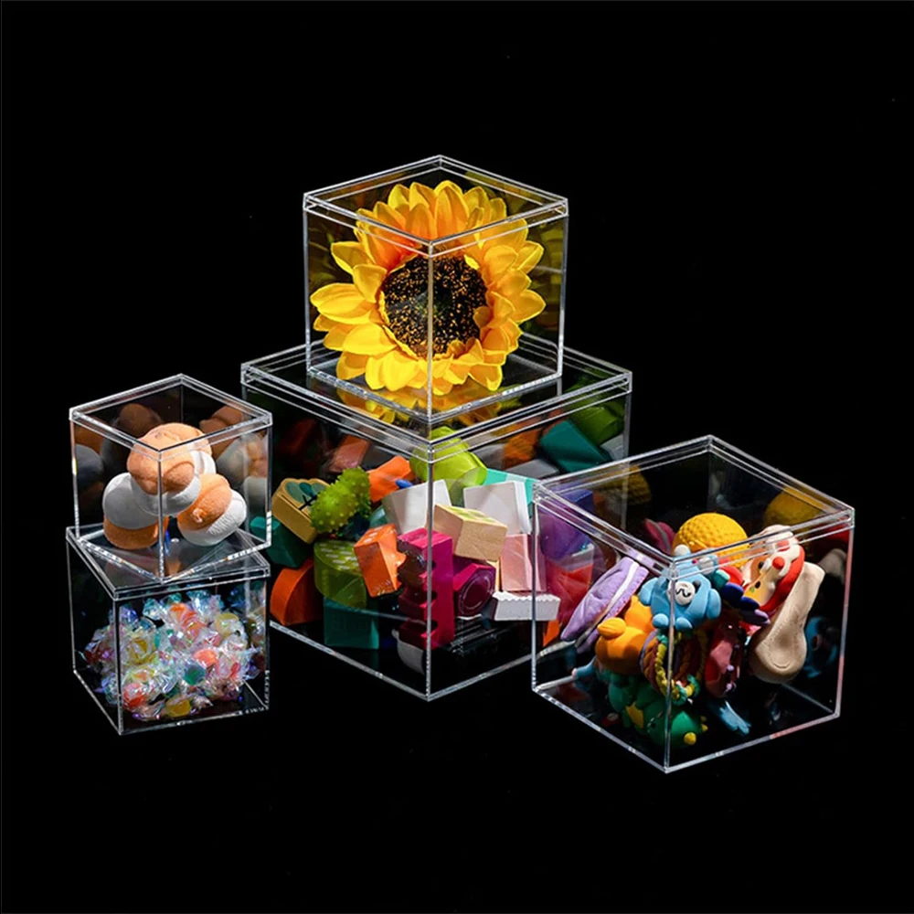 4.7/4/3.3/3/2.5 inch Clear Acrylic Box with Lid, Jewelry Display Box, Plastic Square Cube Decorative Storage Boxes for Candy