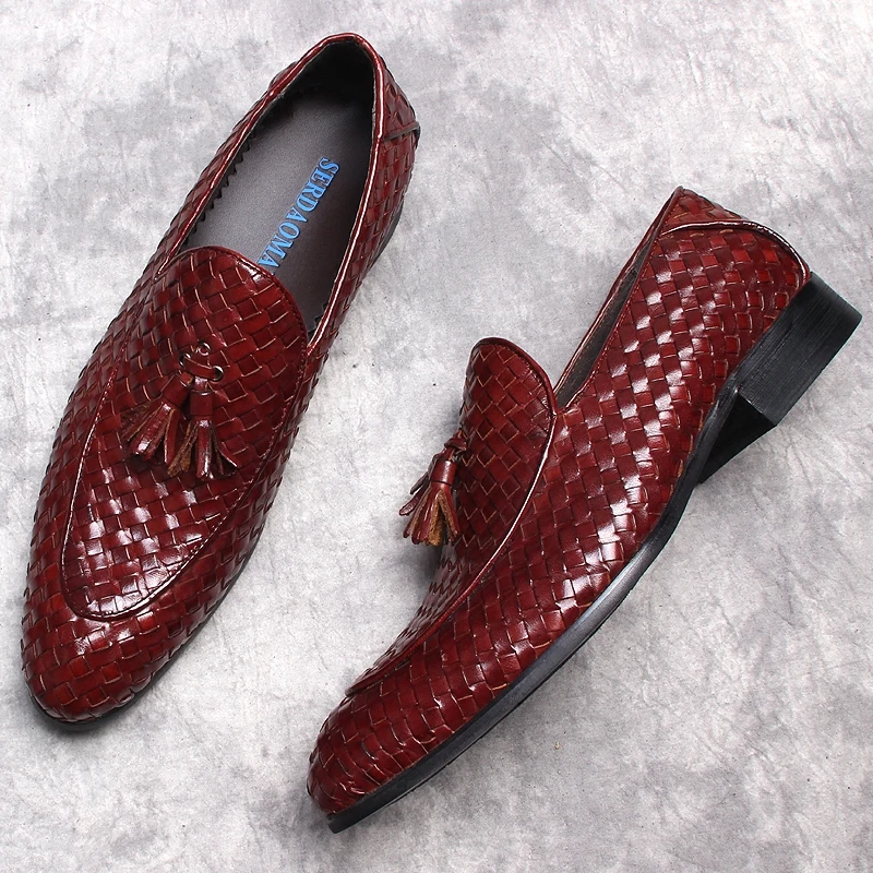 HNXC Autumn Genuine Leather Handmade Black Burgundy Mens Loafers With Tassel Man Dress Shoes Wedding Braid Party Oxford Shoes