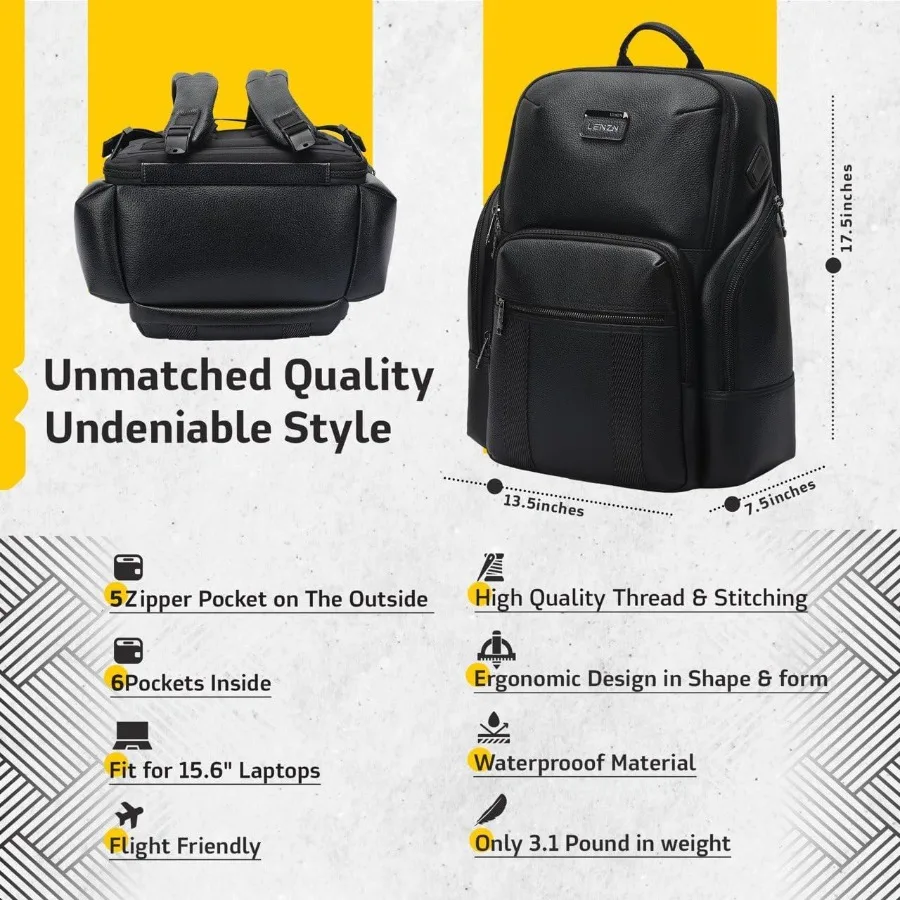 حقيبة ظهر جلدية متينة للكمبيوتر المحمول للأعمال مثالية للرجال والنساء حقيبة ظهر للعمل تناسب حقيبة سفر عالية الجودة مقاس 15.6 بوصة #2