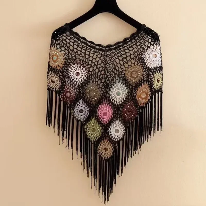 

Thin Crochet Knitted Cape Ladies Fashion Ethnic Style Jackets Cloak Woman Clothing Tassels Shawl Poncho Women Summer Wraps Coats