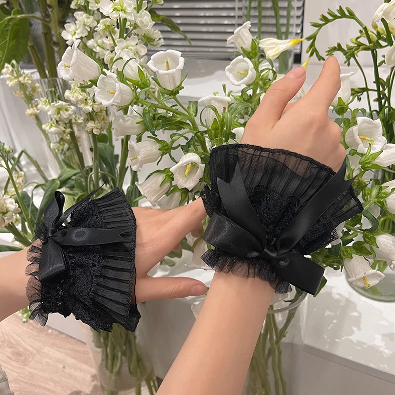 1Pair Detachable Cuffs Pearl Lace Mesh Fake Flared Sleeves Women Pleated False Cuffs Wristband Wrist Warmers Nail Photography