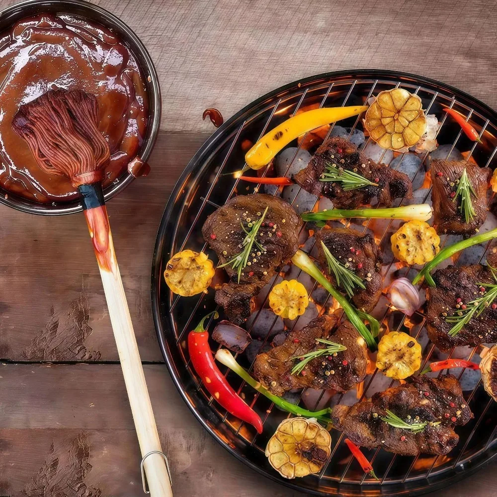 Wooden Handle BBQ Mop Brushes Hanging Soft Cotton Bristles Barbecue Sauce Brushes with Replacement Heads Grill Basting Mop