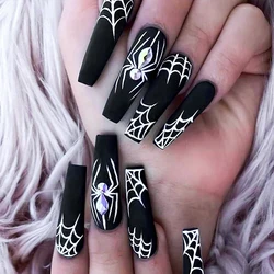 24Pcs Gothic Dark Spider Coffin Press On Nails 8 Styles Diamond Nude Short Sqare False Nails Full Cover Wearable Fake Nail Tips&