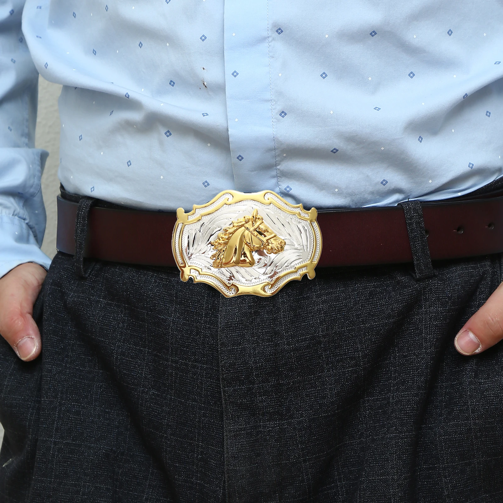 Westen Cowboy Gold Horse Heads Belt Buckle Men'S Belt Buckle With Leather Belt Jeans Decoration