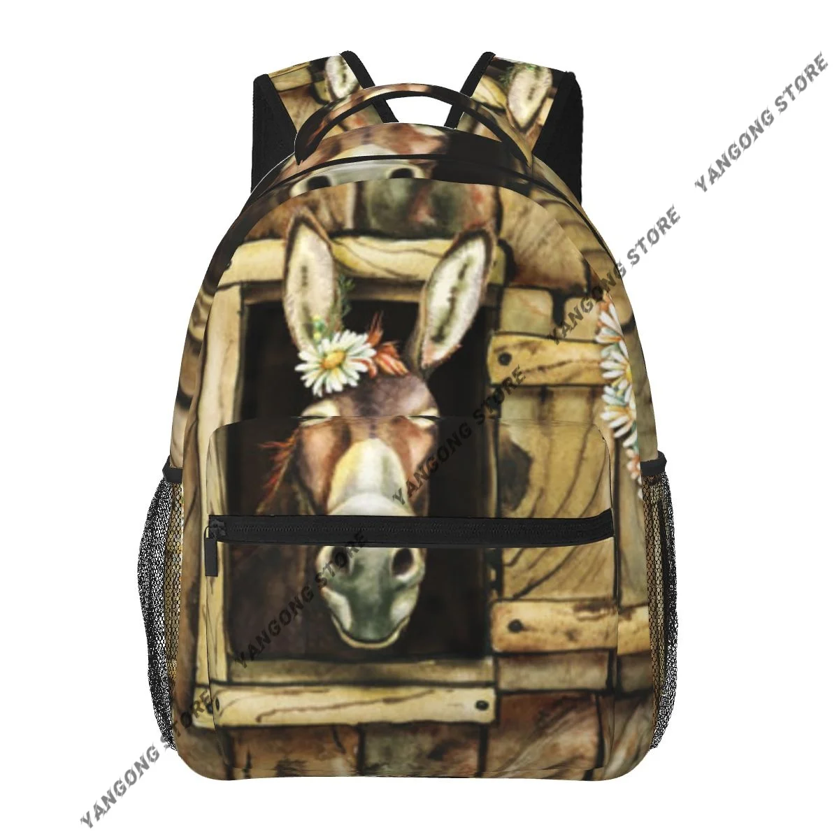 Unisex Donkey In The Farm Window Chamomile Flowers Female Travel Daypack Laptop Backpack Book Schoolbags School Casual Women Bag