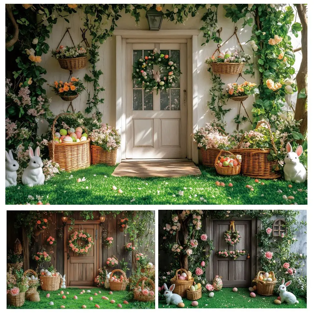 

Spring Easter Backdrop Wood Door Wreath Green Grassland Colorful Eggs Bunny Baby Kids Portrait Birthday Photography Background