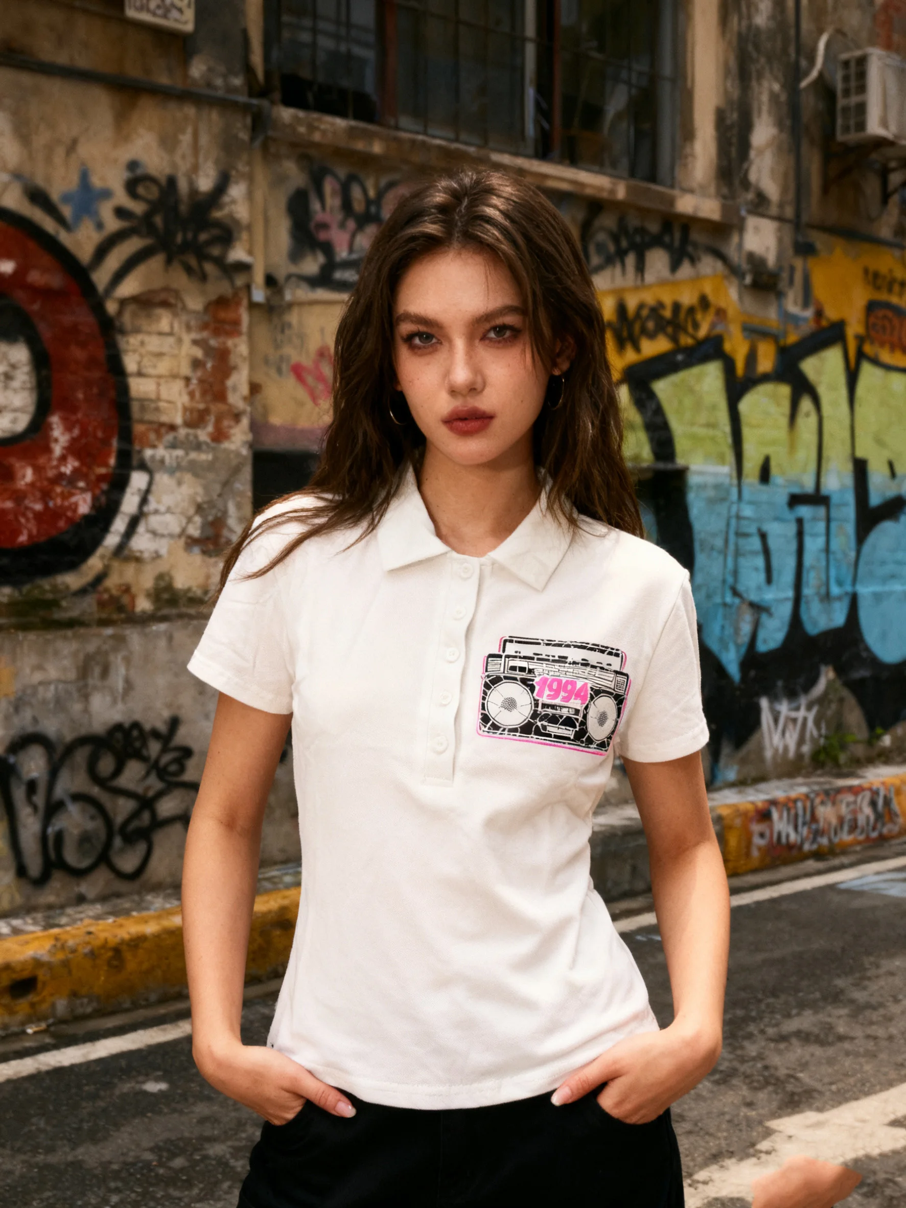 

Women's Streetwear Y2K Polo Shirt - Short Sleeve White/Black, Retro Radio/Car Print, Regular Fit Spring Summer Casual Top