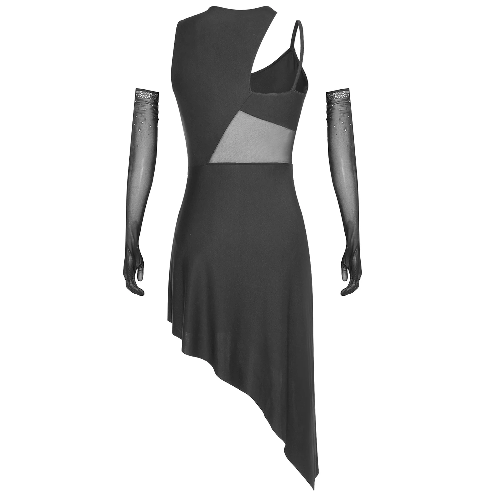 Women Latin Jazz Modern Dance Dress Cha-cha Tango Samba Dancewear Sleeveless Irregular Dress with Full-finger Mesh Gloves Sets