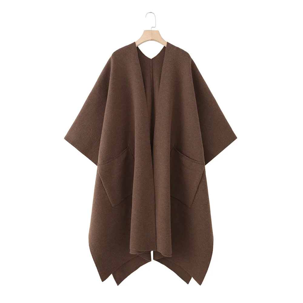 

Autumn and winter new women's clothing European and American style fashionable V-neck loose solid color long knitted cape