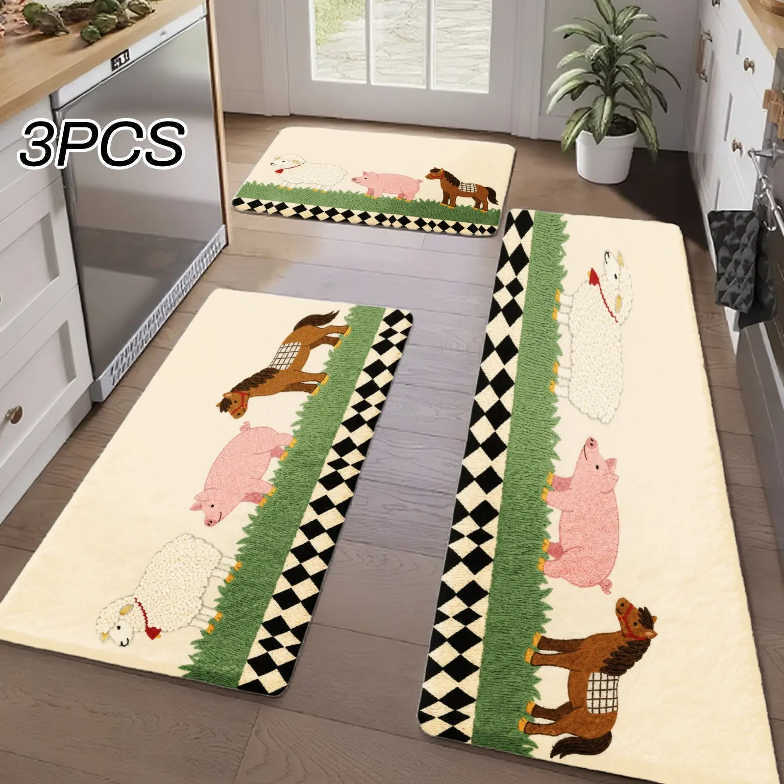 3PCS Kitchen Rugs,Home Decoration for Front Door, Kitchen, Bathroom, Pig Bear Tree Grass Checkered Border Dining Mat