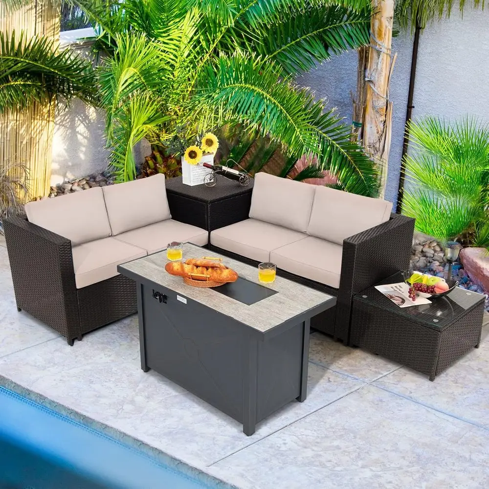 5-Piece Outdoor Wicker Furniture Set with 42 Fire Pit Table, Loveseat Sofa, 2 Side Tables, Beige