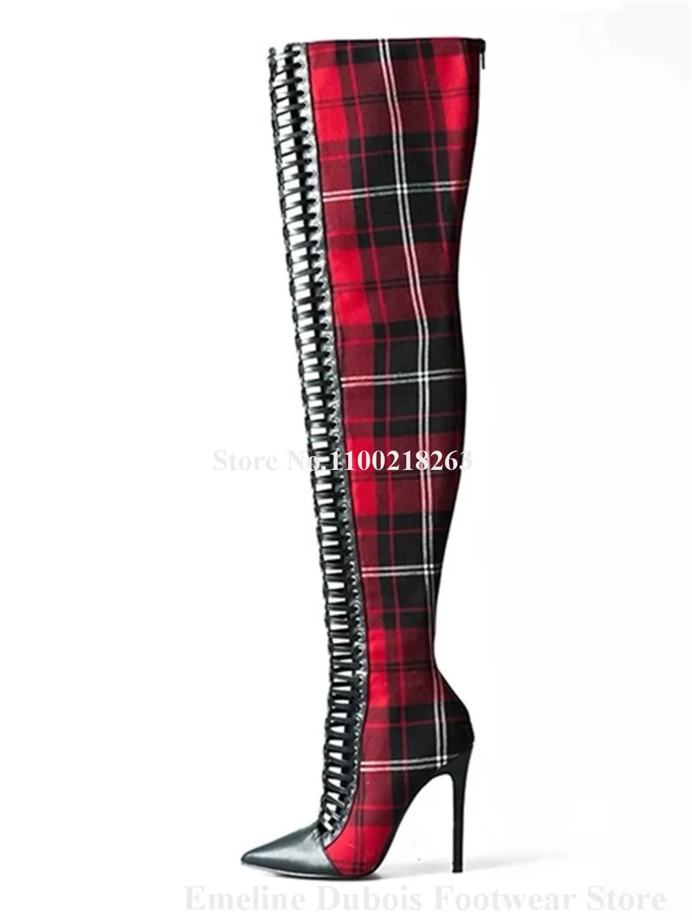 Women Sexy Red Plaid Long Boots Emeline Dubois Pointed Toe Cut-out Stiletto Heel Over-the-Knee Straps Cross Boots Club Shoes