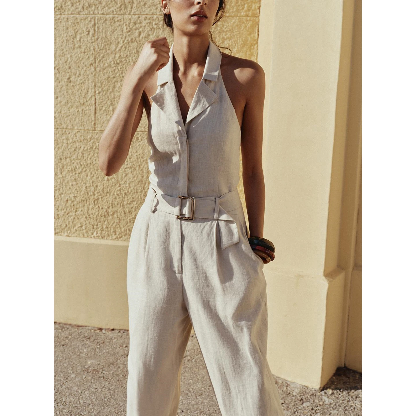 

Новое поступление лета, женские матовые брюки из смешанного льна с поясом и длинным воротником, широкие брюки с высокой талией и широкими штанинами для поездок на работу