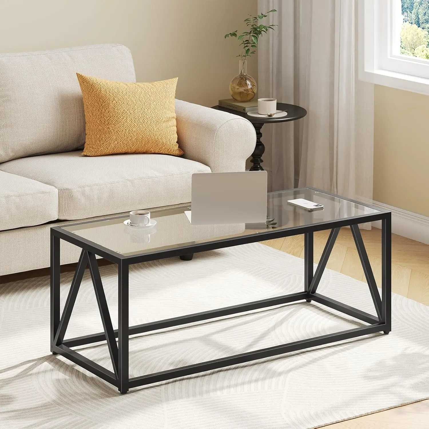 

Glass Coffee Table, Black Coffee Tables for Living Room, Black Glass Coffee Table,1 Layer Center Table, Modern