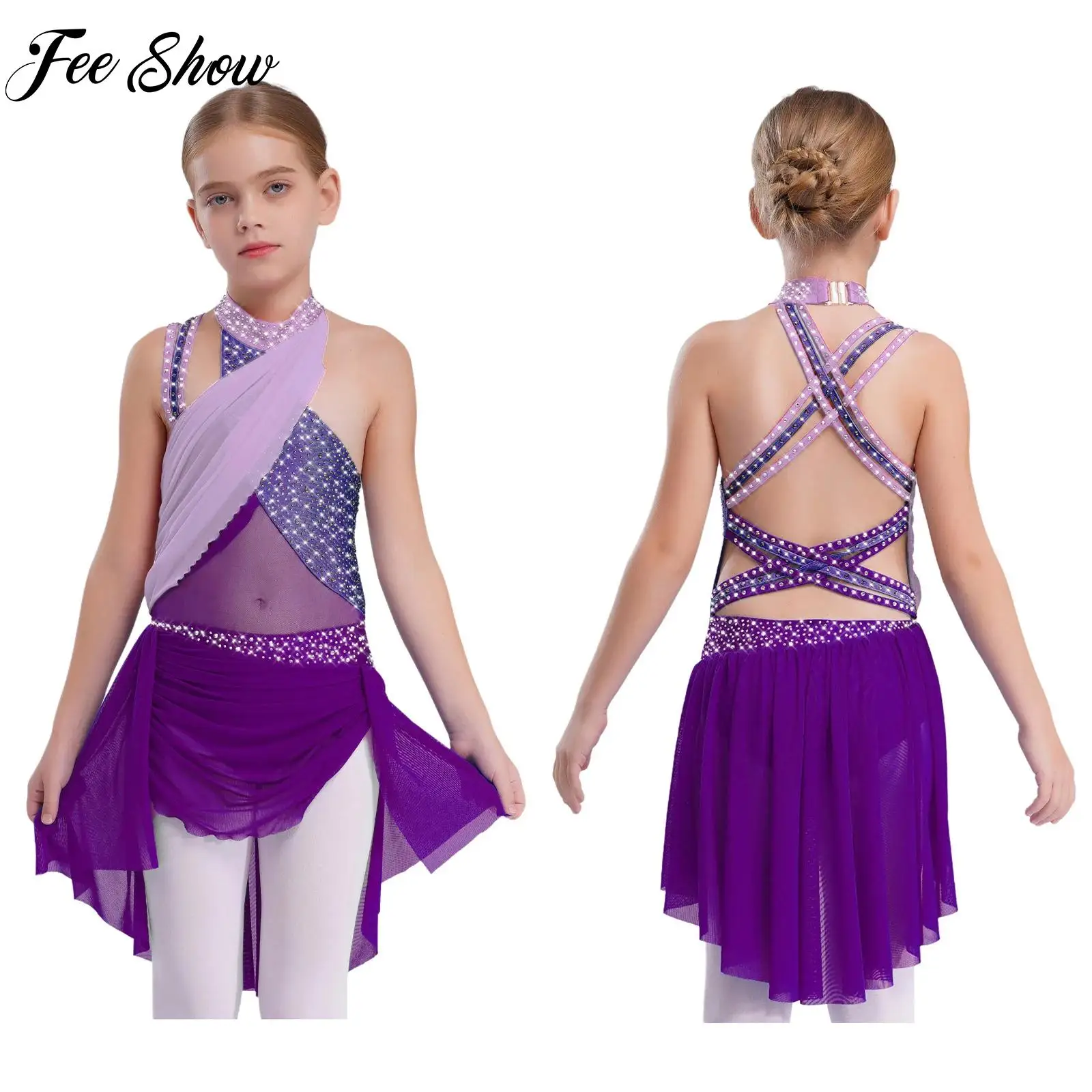 

Kids Girls Lyrical Dance Dress Performance Costume Sleeveless Rhinestone Ballet Gymnastic Leotard Figure Skating Stage Dancewear