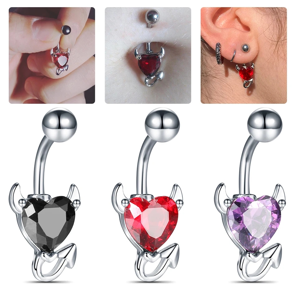 1PC Sexy Devil Belly Piercing Navel Earrings Steel CZ Gem Heart Belly Button Rings Pircing Nombril Ombligo Body Jewely for Women