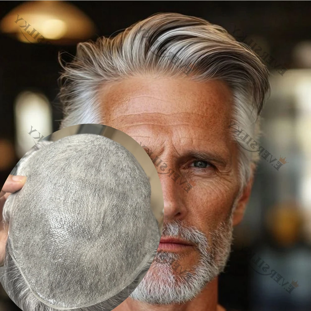 

0.03mm Super Thin Skin 1B10 510# Grey Blond Mans Wig Natural Hairline Undetectable 80%Density Toupee Capillary Prosthesis System