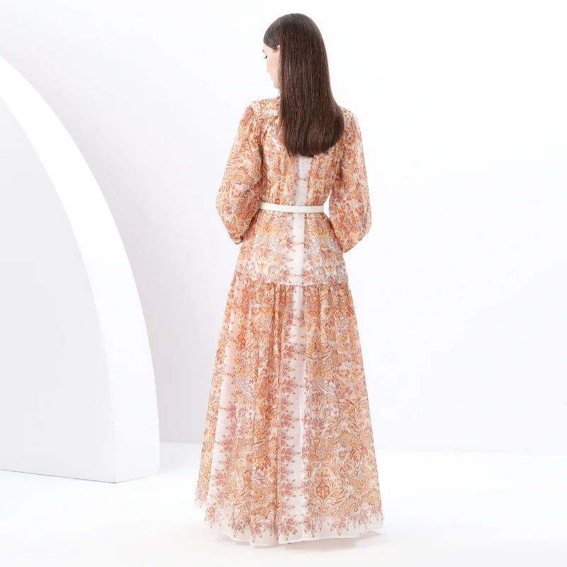 Briti Sle Long Sve Floral Print Stand Collar Maxi Dr Women's Photoaphy Dr Ele Midi Skirt Polyester Fiber