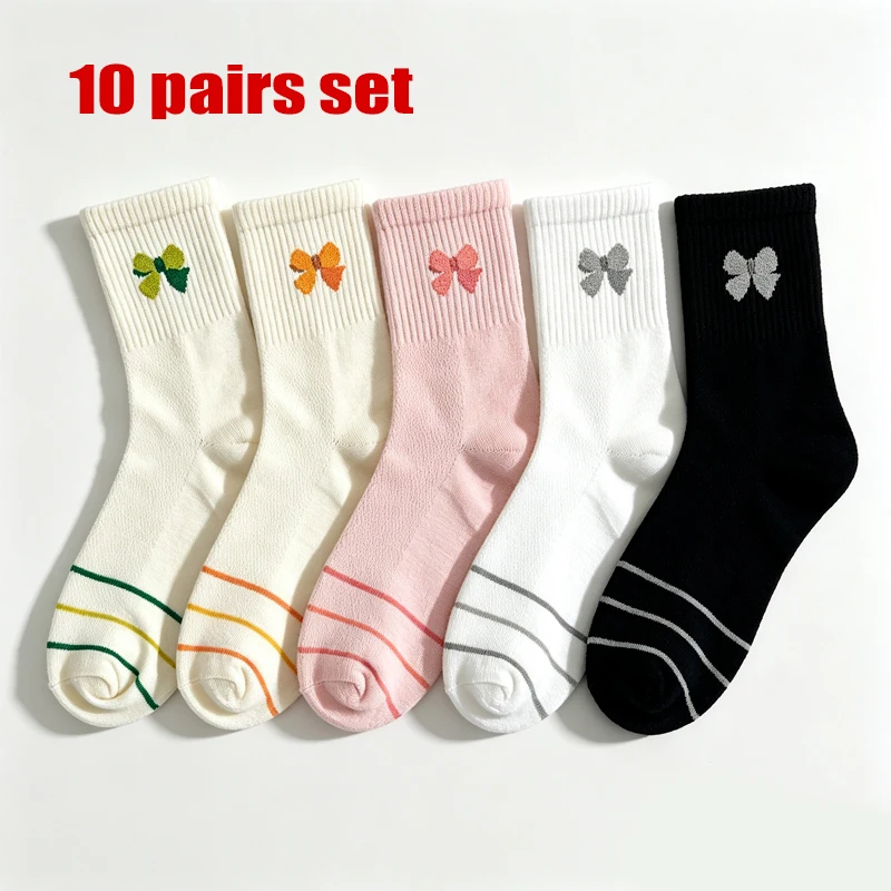 10 pairs women socks gentle style bow three stripe pattern soft and suitable color matching exquisite daily wear mid tube socks