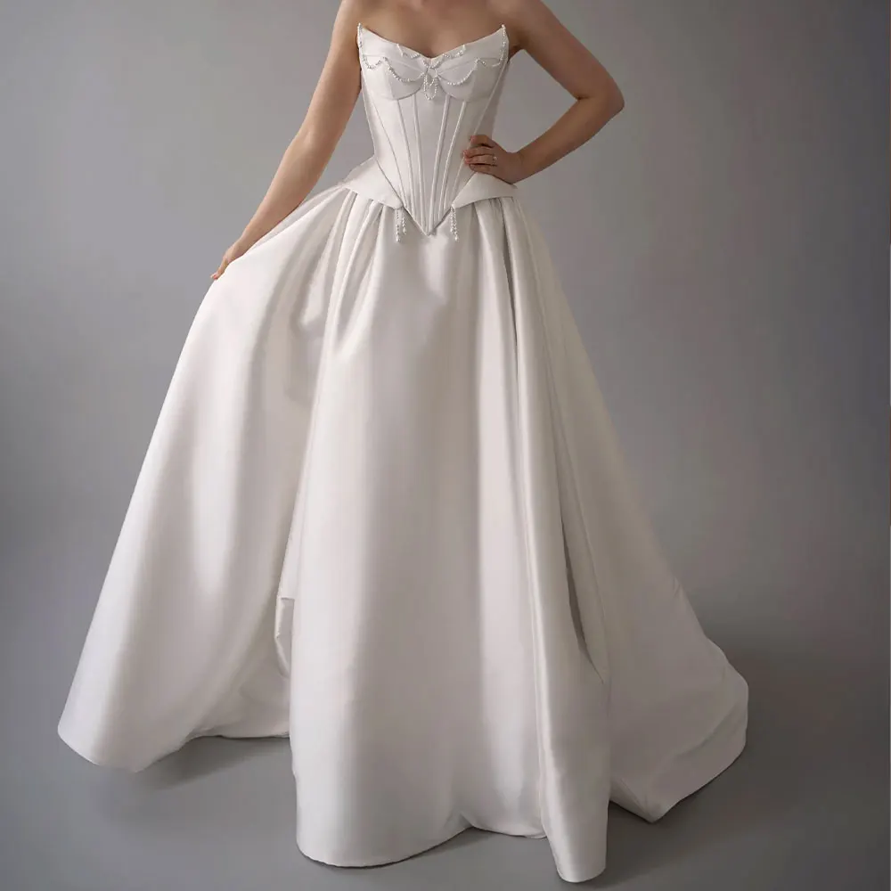 

Beach Satin Beaded Wedding Dresses For Bride Vestidos Novia Bridal Party Gown For Women Long V Neck Ball Gown With Train