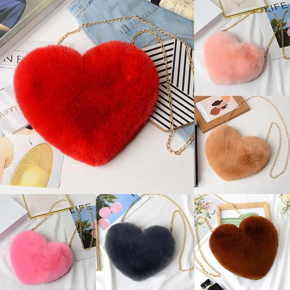 Furry Women's Heart Shaped Handbags Cute Faux Fur Crossbody Purses Plush Lady Chain Shoulder Totes Shopper Bag Bags Soft F4I4