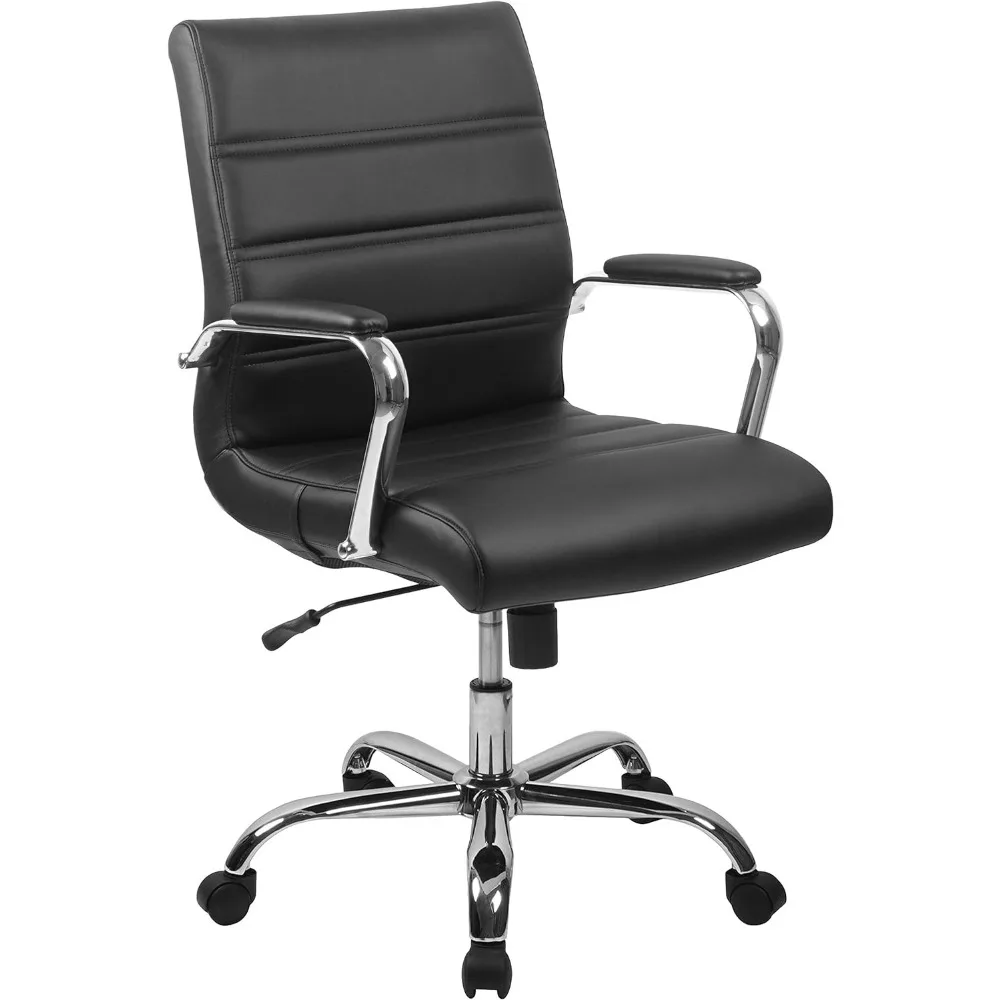 

Whitney Mid-Back Desk Chair - Black LeatherSoft Executive Swivel Office Chair with Chrome Frame - Swivel Arm Chair