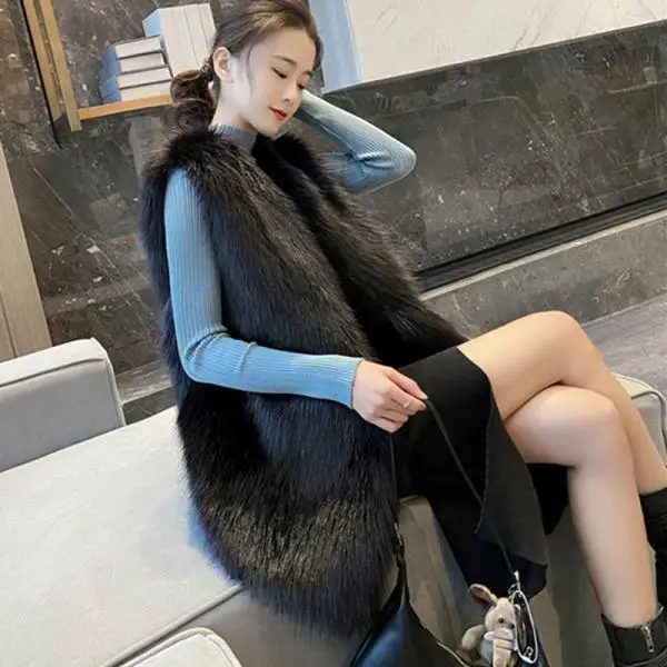 2024 Faux Fox Fur Women Long Vest Black Warm Faux Fur Big Size Plush Coats Female Jacket Autumn Winter Furry Outerwear New QY215