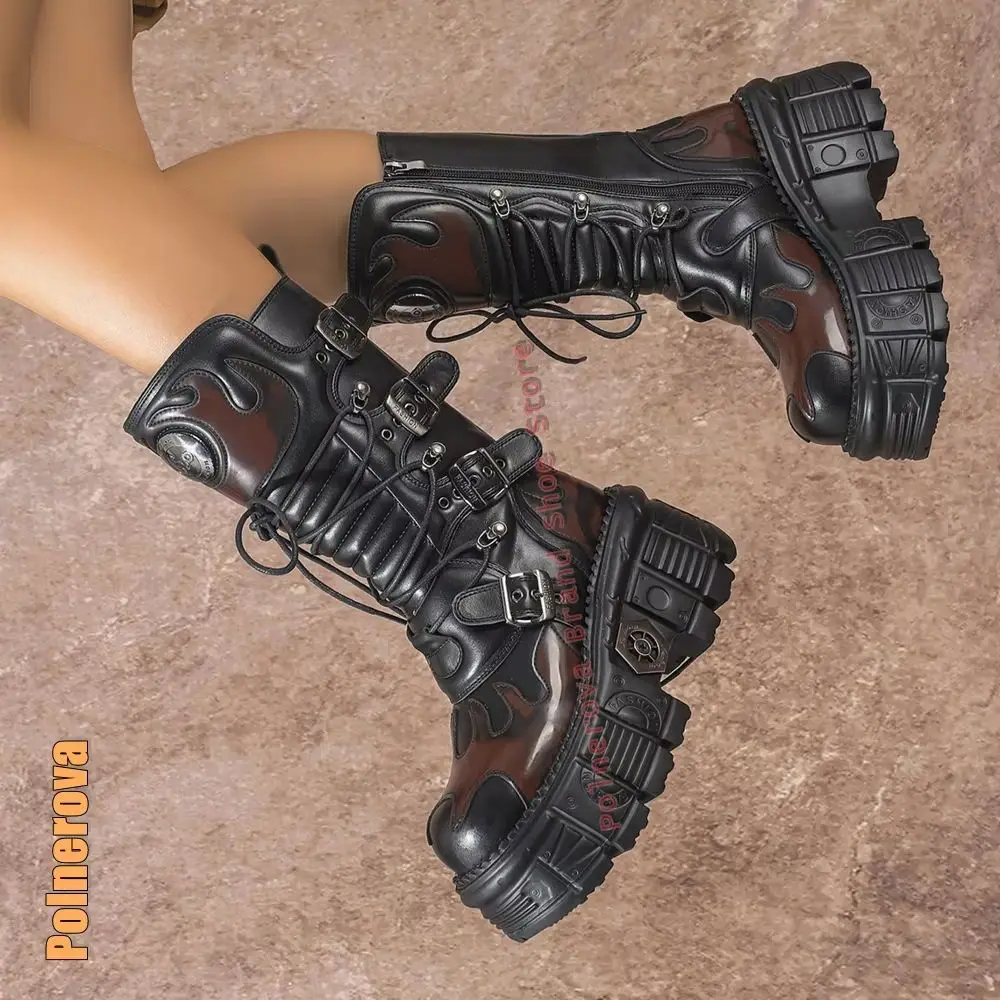 

Мотоциклетные ботинки на платформе с пламенным принтом, круглый носок, подошва-майка, застежка-молния, пара сапог до середины икры на шнуровке, обувь в готическом стиле, панк