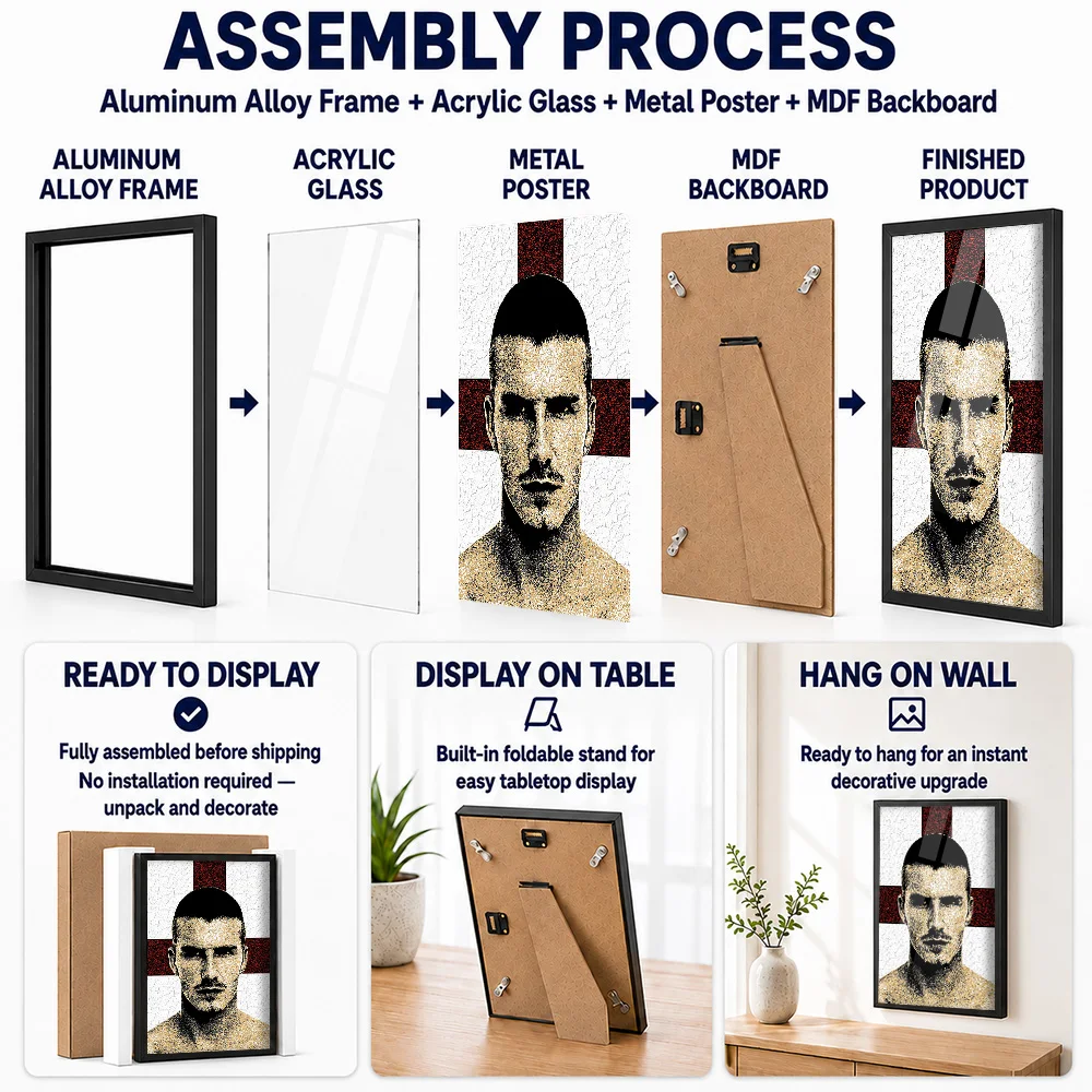 David Beckham England Flag Portrait Framed Aluminum Metal Poster Personalized Photographic Wall Art For Clubhouse Reception Area