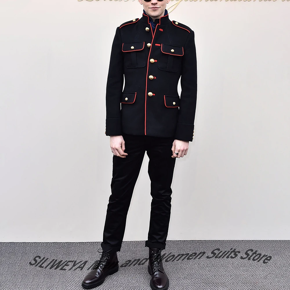 

Elegant Men’s Black Military Suits Two Piece(Jacket+Pants) Set with Red Trim for Stage Party Cosplay Formal Outfit
