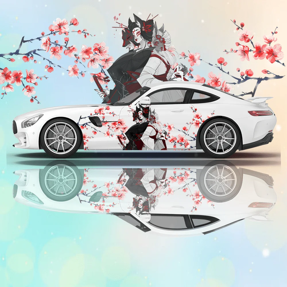 Beautiful thrilling Japanese songstress woman various flowers branches stickers car stickers