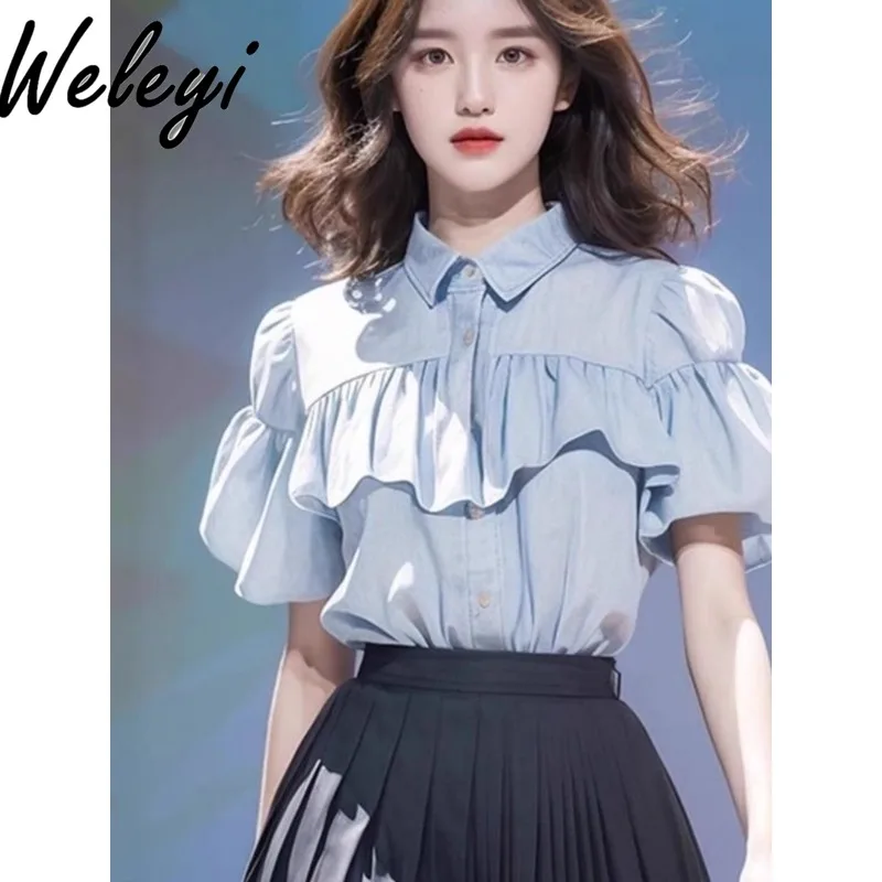 

Kawaii Blue Summer Women's Shirts Elegant Tops This Year Popular Super Nice Koszule I Bluzki French Puff Sleeved Ruffled Blouses