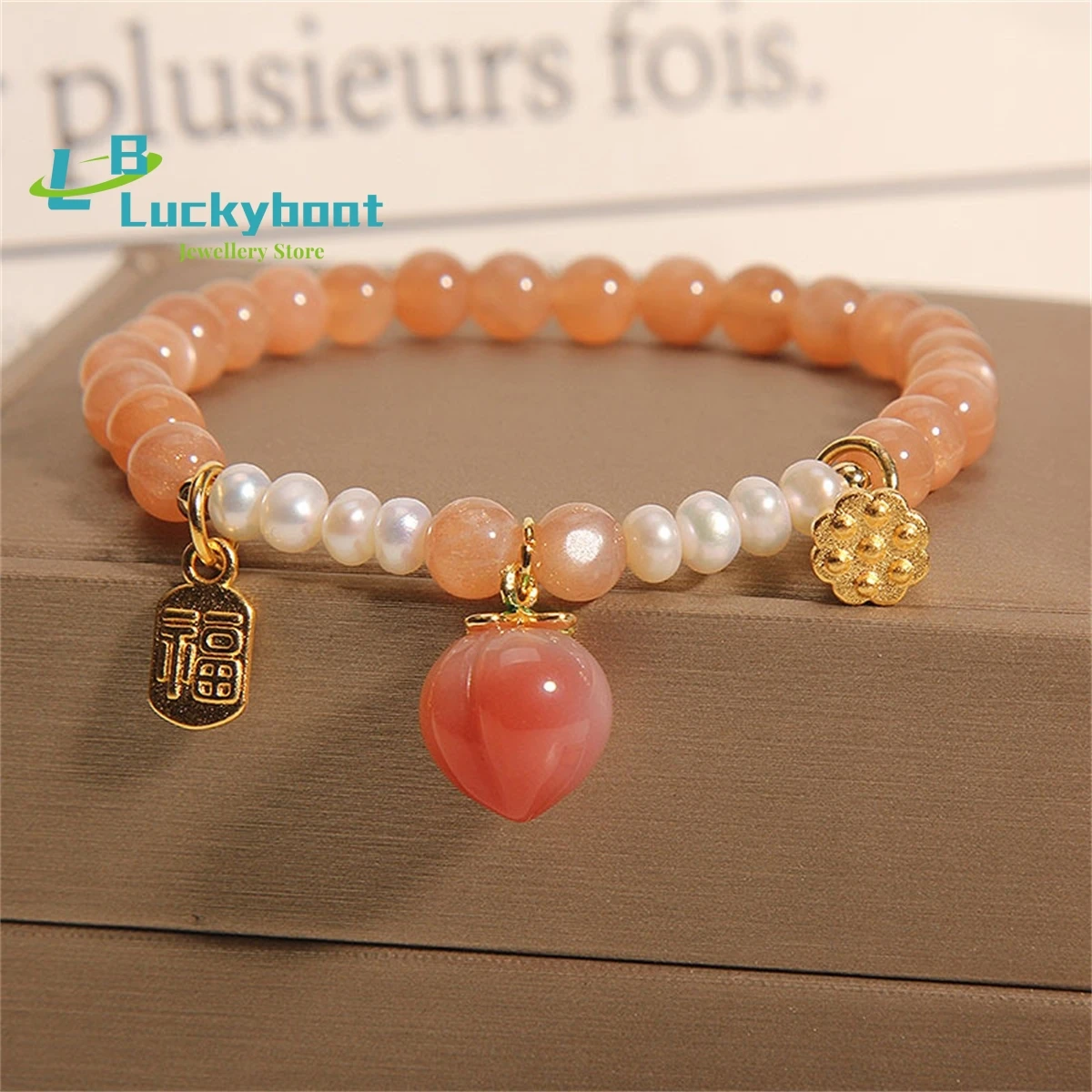 Peach Crystal Bracelet Female Freshwater Pearl Sunstone Natural Agate  Single Loop Lotus Pendant  Women Jewelry FashionExquisite