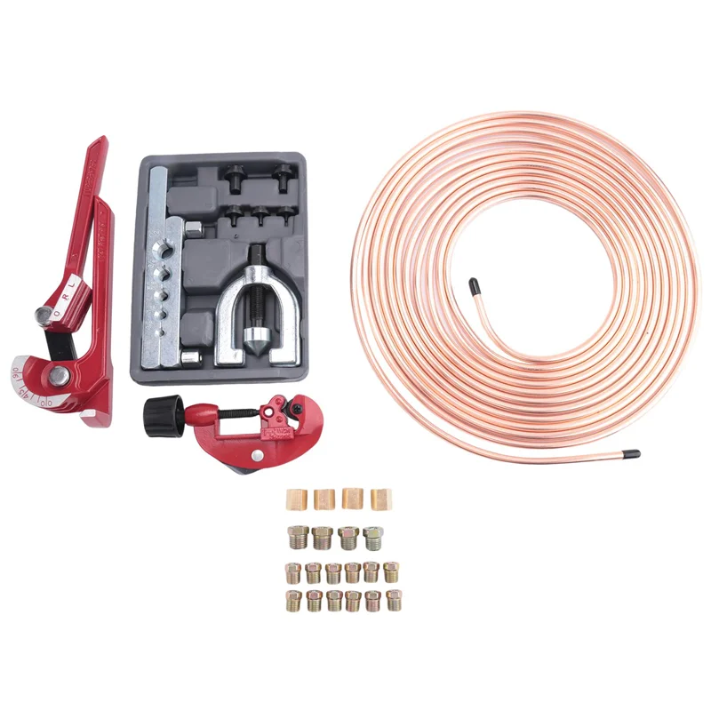 -A32M 1/4 Brake Line - Brake Tubing Kit 25 Ft. With 16 Inverted Flare Fittings And 4 Unions+Double & Single Flaring Tool Kit Dur