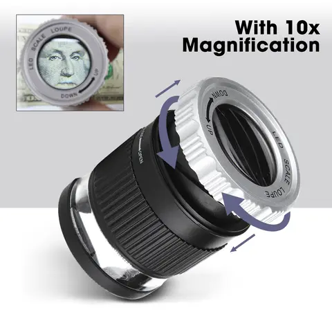 Professional Jewelers Scale Loupe 10x Magnification LED & UV Light, Dual Lens with Detachable 20mm/Inch Scale, Precision Tool