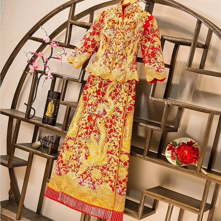 Dragon Gown Bride Wedding Top + Skirt Suit Phoenix Cheongsam Evening Dress Show Ceremony Clothing Slim Style For Oversea Chinese