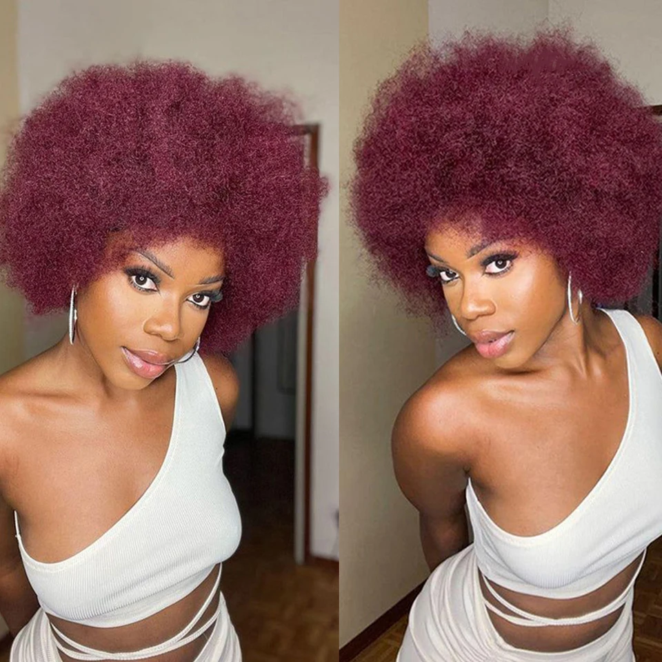 

Rebecca 99j Burgundy Afro Kinky Curly Wig For Women Remy Brazilian Human Hair Short Sassy Human Hair Wigs Natural Brown Burgundy