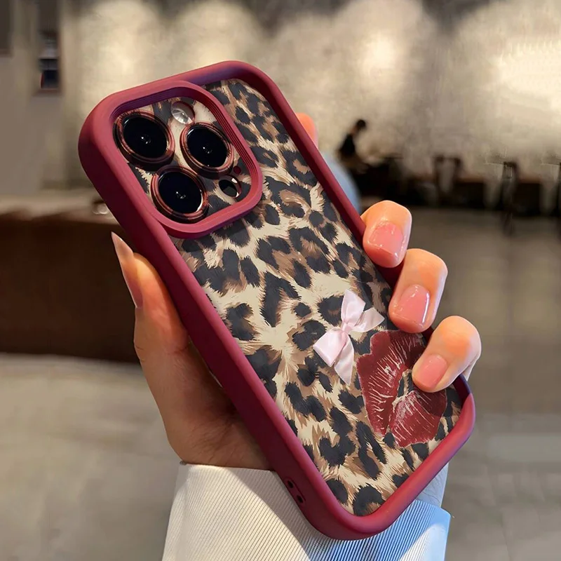 الفهد طباعة الحيوان مثير أحمر الشفاه ربطة القوس فيونكة ليوبارد نمط جراب هاتف آيفون 16 برو ماكس 15 14 13 12 11 XS X XR 7 8 Plus غطاء #3