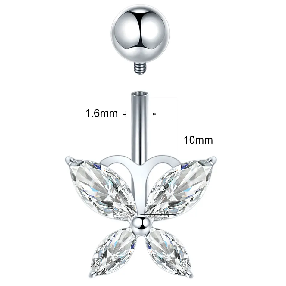 1Pc G23 Titanium Butterfly CZ Navel Ring Piercing Curved Barbell Internally Threaded Belly Button Ring Piercing Jewelry