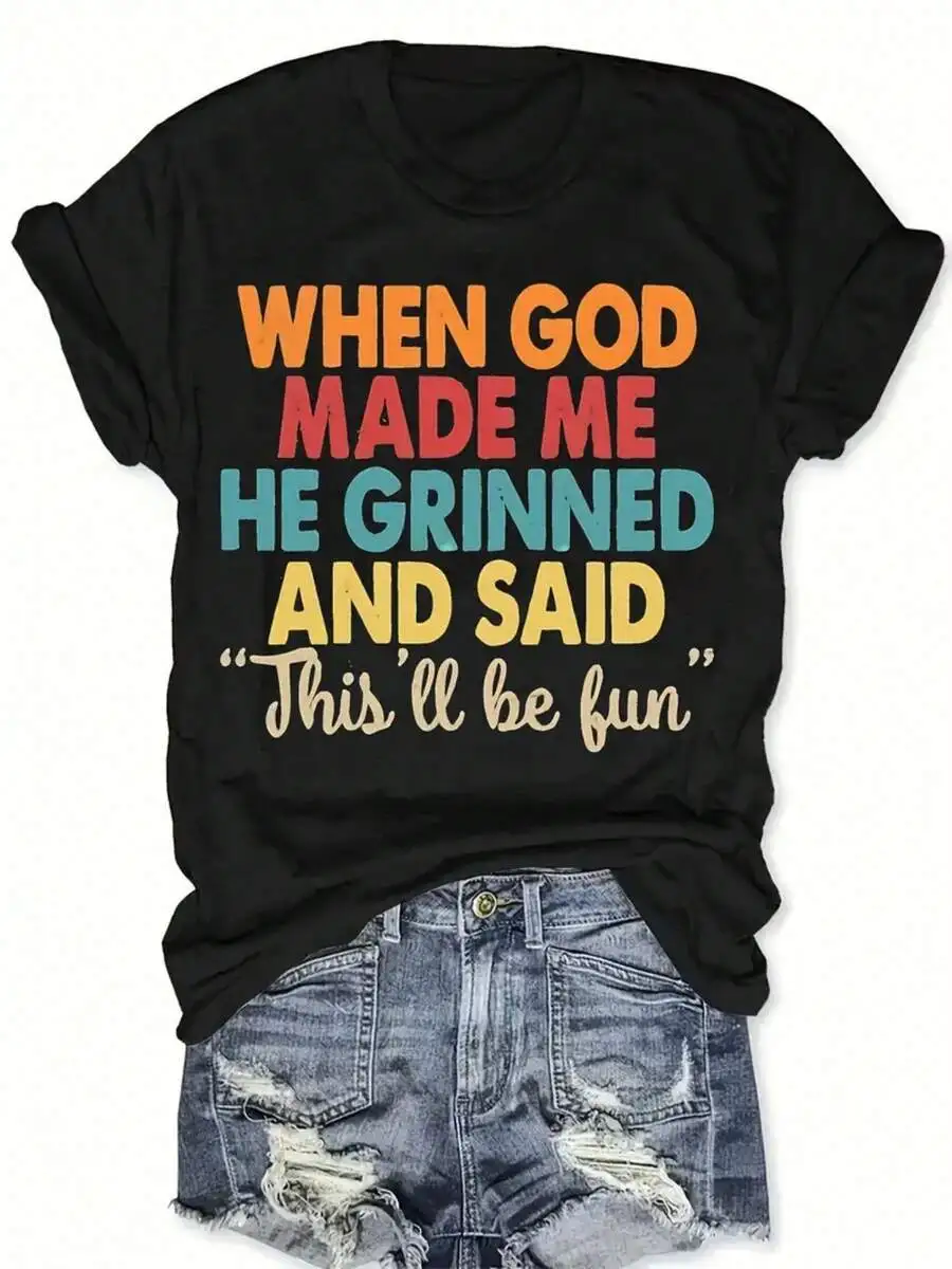 

Womens Loose Fit Religious T-Shirt With Colorful Quote Print Casual Round Neck Short Sleeve Cotton Tee