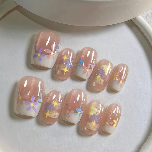 Imagen 2 del producto 10 Uds. De puntas de uñas hechas a mano, pintura al óleo de primavera y verano, uñas postizas de flores pequeñas para mujeres y niñas, uñas bonitas extraíbles