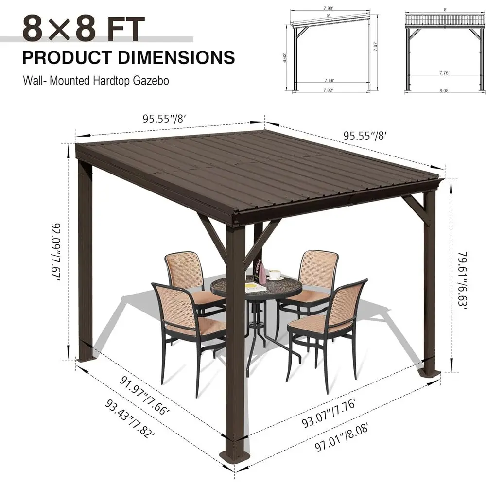 8'x8' Expandable Hardtop Gazebo with Wall-Mounted Pergola, Gutters & Galvanized Steel Roof, 60MPH Wind Resistance, Heavy Duty Ou