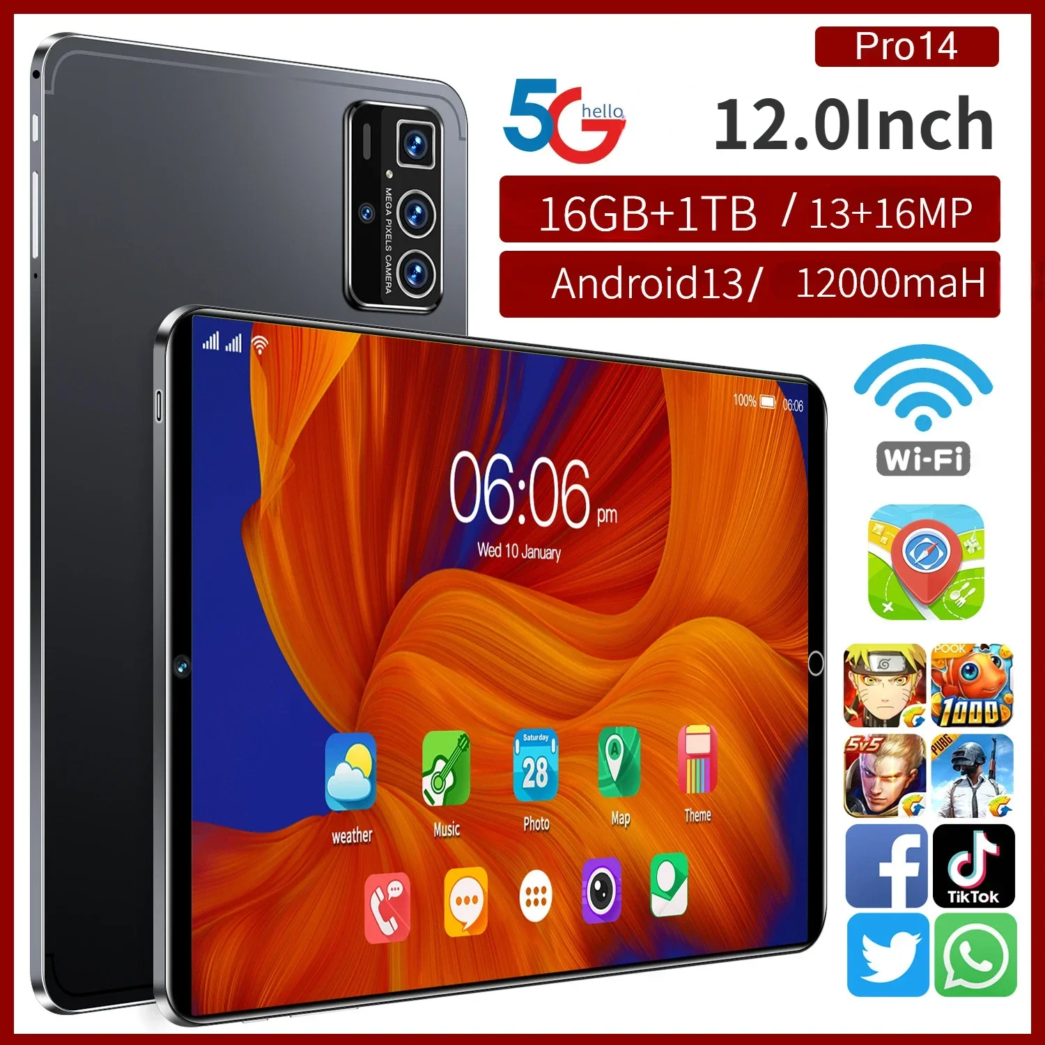 

Original Pro14 Tablet PC 12Inch Android 14 Tablet 16GB+1T 12000mAh 5G Bluetooth 5.0 Travel Graphic WiFi Support Global Language