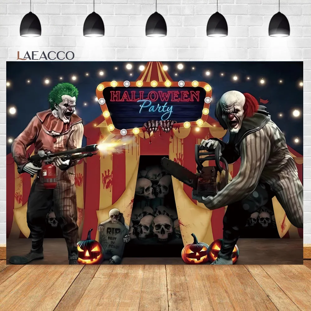 

Laeacco Horror Circus Halloween Backdrop Giant Evil Clown Entrance Scary Skull Kids Birthday Portrait Photography Background