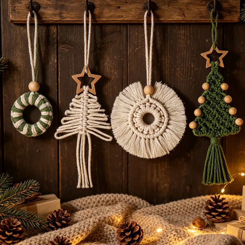 Hand Knitted Cotton Rope Christmas Tree Pendant, Tassel Wreath Car Hanging Ornament, Christmas Home Decor Gift
