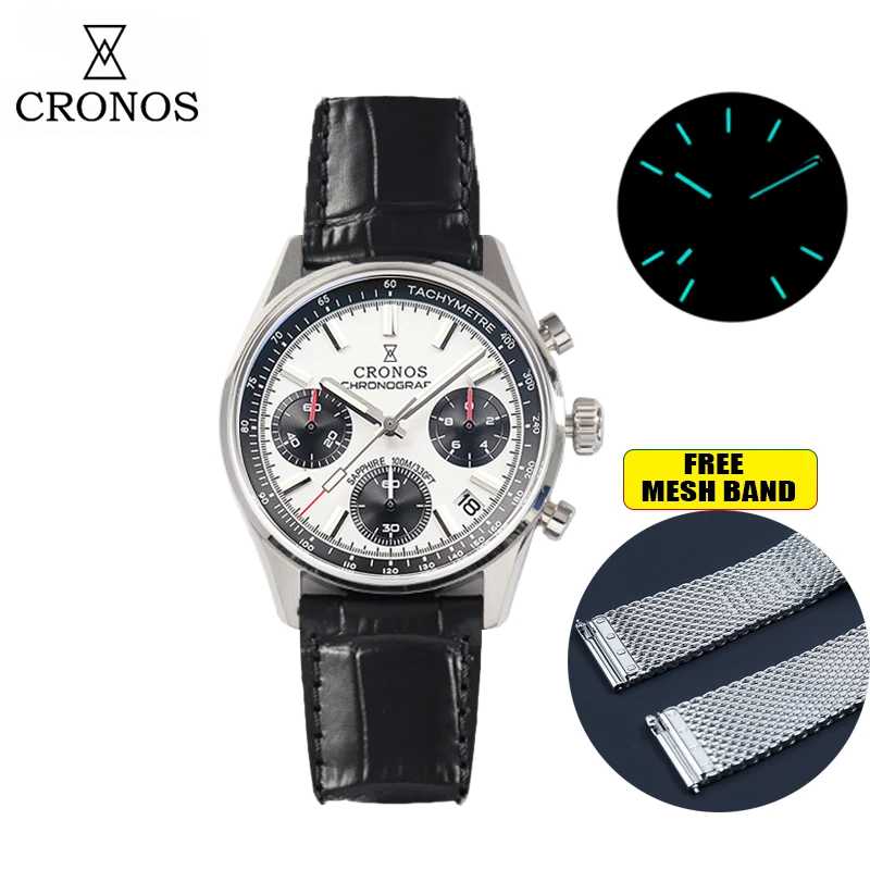 メンズクロノス　CRONOS Cronos New Chronograph Quartz Men Watch Miyota 6S20 Black&White