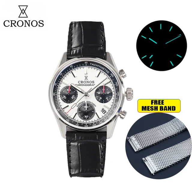 Cronos New Chronograph Quartz Men Watch Miyota S620 Black&White