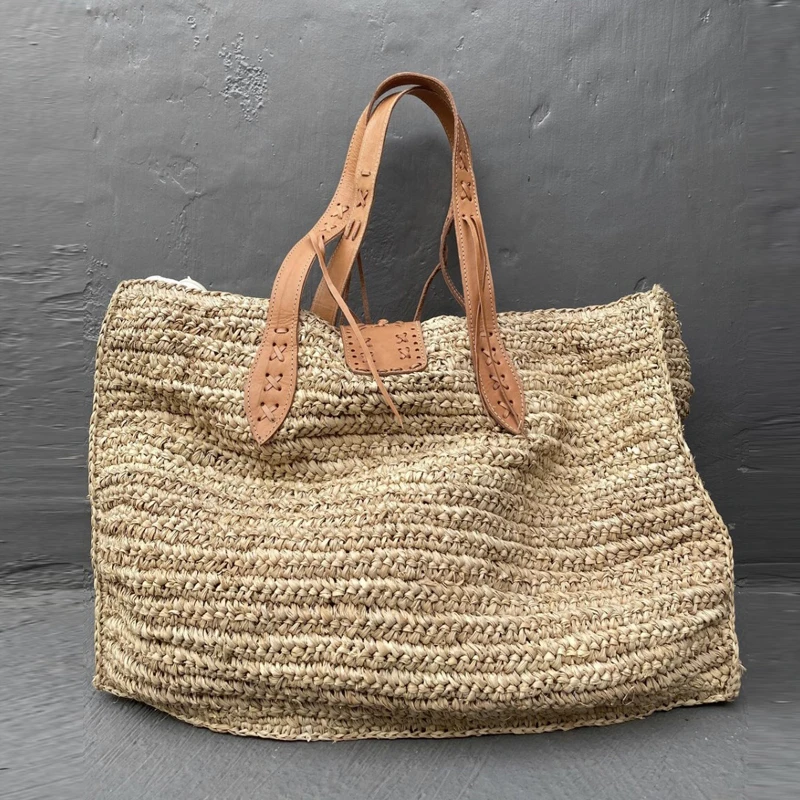 Raffia Straw Bag For Summer Seaside Holiday Travel Beach Bags Women Tropical Leather Hangbag Crochet Large ToteBag Reticule Chic