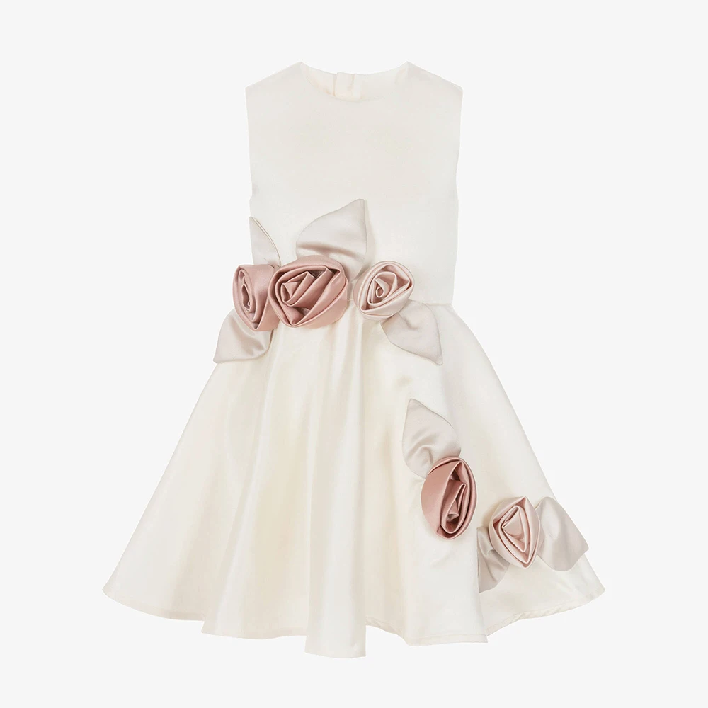 

Customized Girl's Birthday Party Dress 3D Flowers Knee Length Short Party Gowns Beige Satin Sleeveless A Line Children Dresses