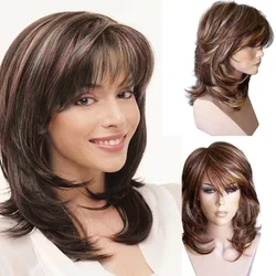 SuQ  Medium Long Wig For Women Women's Hair Mixed Brown and Black Wavy African Synthetic Female Haircut Puffy Natural Wigs